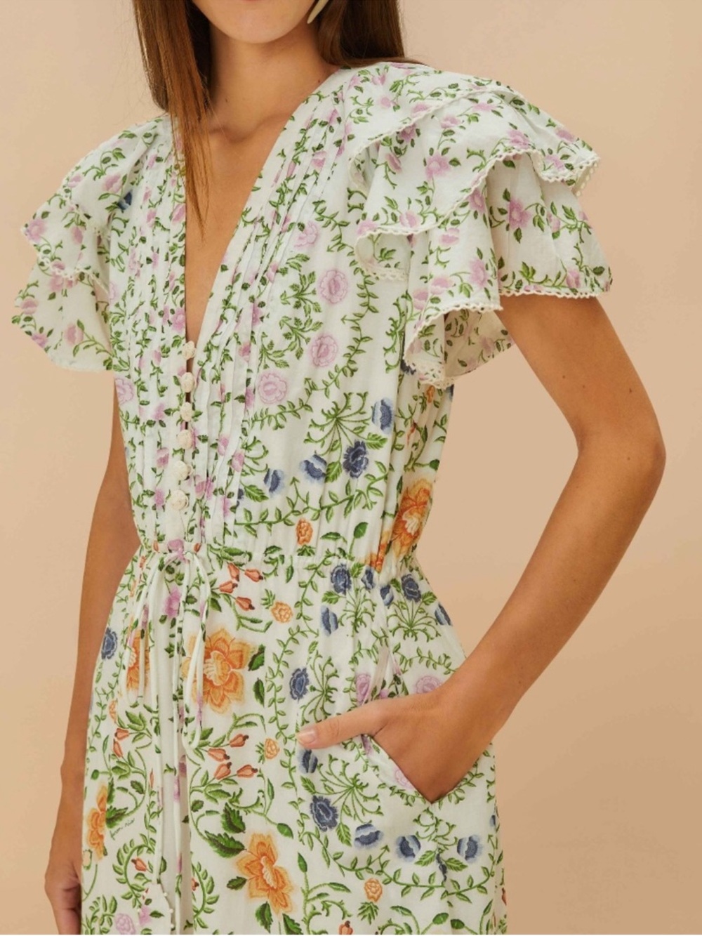 FARM RIO Folk Floral off white short sleeve midi dress, puff sleeve NWT XL - Picture 2 of 11